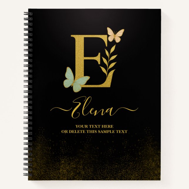 Gold Letter E Butterfly Notebook-Abdeckung Notizbuch (Vorderseite)