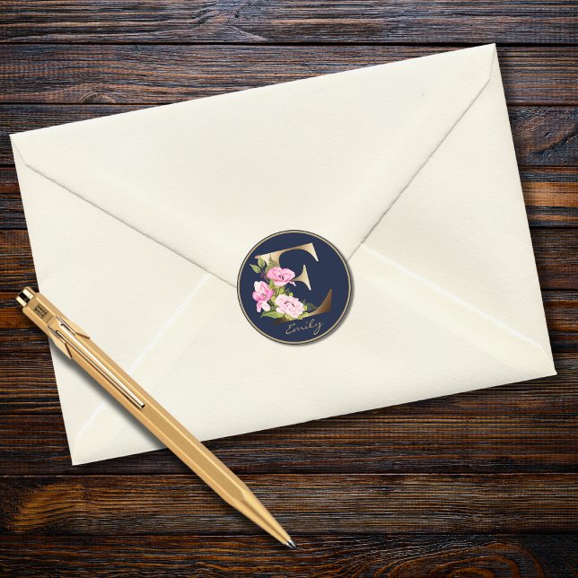 Gold Letter E Eleganic Navy Floral Monogram Runder Aufkleber (Von Creator hochgeladen)
