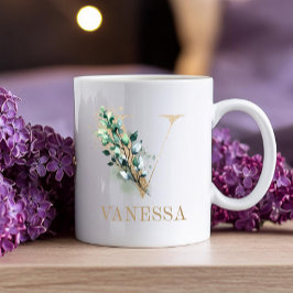 Gold Letter Floral Monogram V Kaffeetasse
