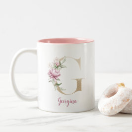 Gold Letter G, Monogramm G, rosa Blumengeschenk ih Zweifarbige Tasse