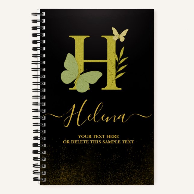 Gold Letter H Butterfly Spiral Notebook Notizbuch (Vorderseite)