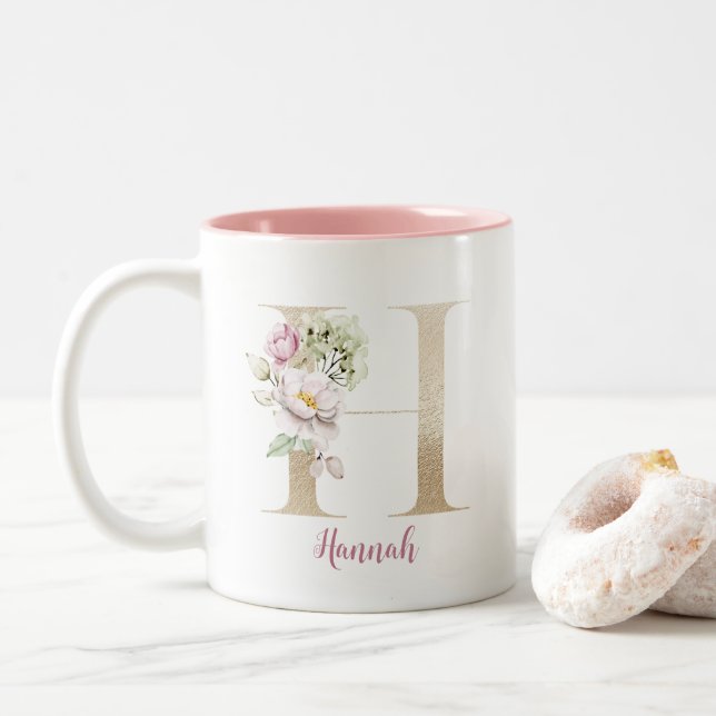 Gold Letter H, Monogram H, rosa Blumengeschenk ihr Zweifarbige Tasse (Mit Donut)