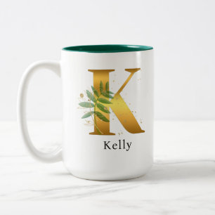 Gold Letter K Aquarell Blumenmonogramm Zweifarbige Tasse