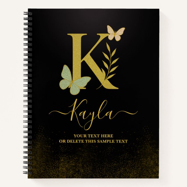 Gold Letter K Butterfly Notizbuch (Vorderseite)