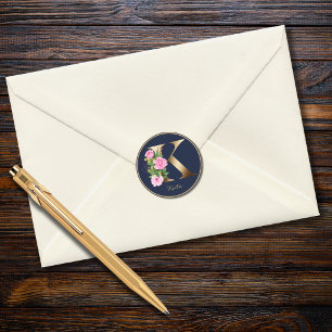 Gold Letter K Navy Elegant Floral Monogram Rose Runder Aufkleber