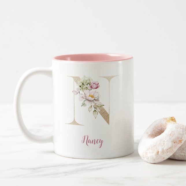 Gold Letter N, Monogram N, rosa Blumengeschenk ihr Zweifarbige Tasse (Mit Donut)