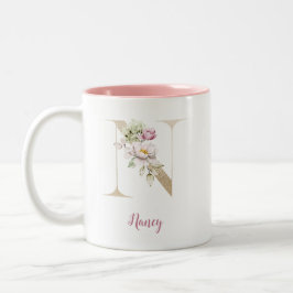 Gold Letter N, Monogram N, rosa Blumengeschenk ihr Zweifarbige Tasse