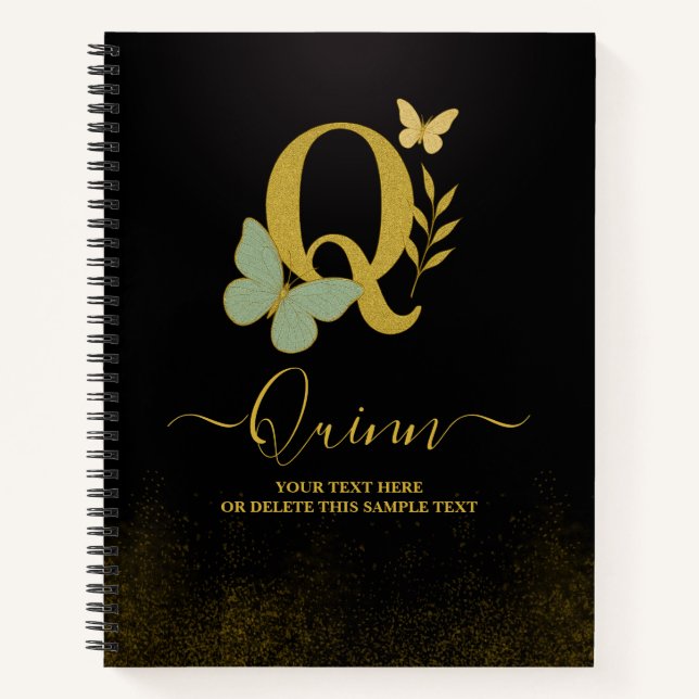 Gold Letter Q Butterfly Notebook-Abdeckung Notizbuch (Vorderseite)