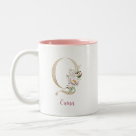 Gold Letter Q, Monogram Q, Rosa Blumengeschenk für Zweifarbige Tasse