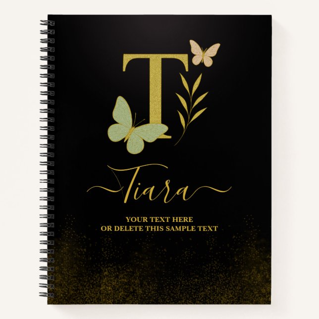 Gold Letter T Butterfly Notebook-Abdeckung Notizbuch (Vorderseite)