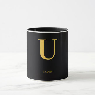 Gold Letter U Black Mug | Minimalistischer Monogra Tasse