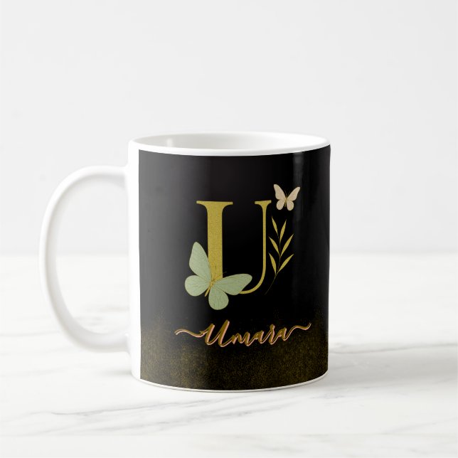 Gold Letter U Butterfly Tasse Design (Links)