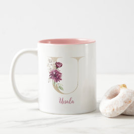 Gold Letter U, Monogram U, Rosa Blumengeschenk ihr Zweifarbige Tasse