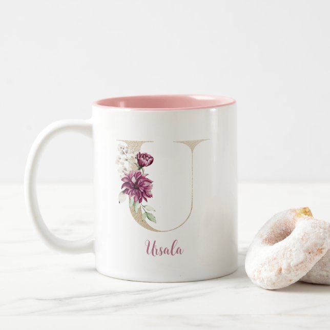 Gold Letter U, Monogram U, Rosa Blumengeschenk ihr Zweifarbige Tasse (Mit Donut)