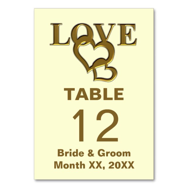 Gold Liebe and Hearts Wedding Table Card Tischnummer (Vorderseite)