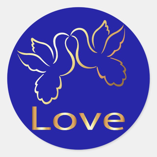Gold Liebe Doves Blue Wedding Sticker / Label (Vorderseite)