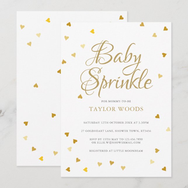 Gold Liebe Hearts Confetti Baby Sprinkle / Dusche Einladung (Vorne/Hinten)