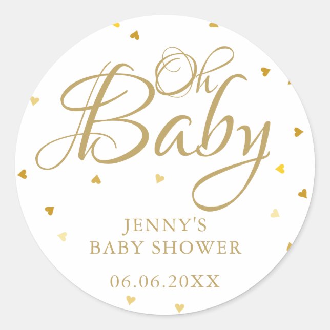 Gold Liebe Hearts Oh Baby Shower / Sprinkle Runder Aufkleber (Vorderseite)