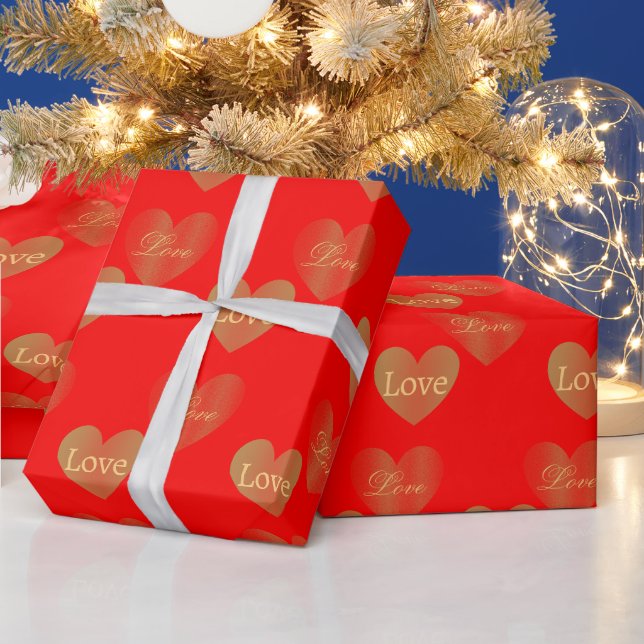 Gold Liebe Hearts on Red, Wedding und Valentine's Geschenkpapier (Feiertage)