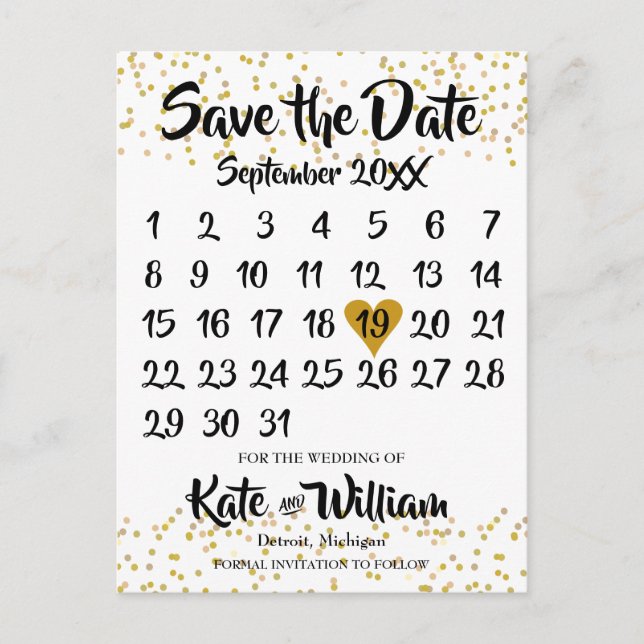 Gold Liebe Herzkalender Ankündigungspostkarte (Vorderseite)