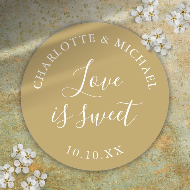 Gold Liebe ist süße Gastgeschenk Hochzeit Runder Aufkleber (Gold Love Is Sweet Wedding Favor Classic Round Sticker)