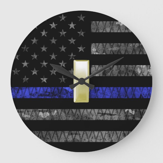 (Gold) Lieutenant Thin Blue Line Distressed Flag Große Wanduhr (Vorderseite)