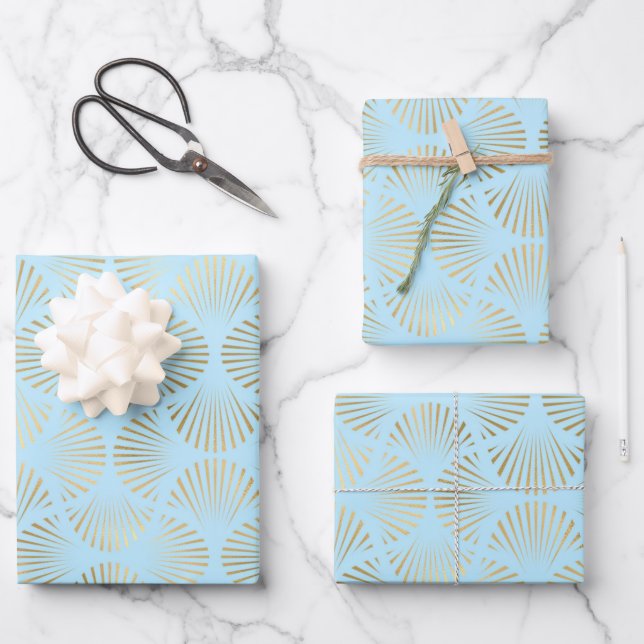 Gold & Light Blue Art Deco Muster Geschenkpapier Set (Vorderseite)