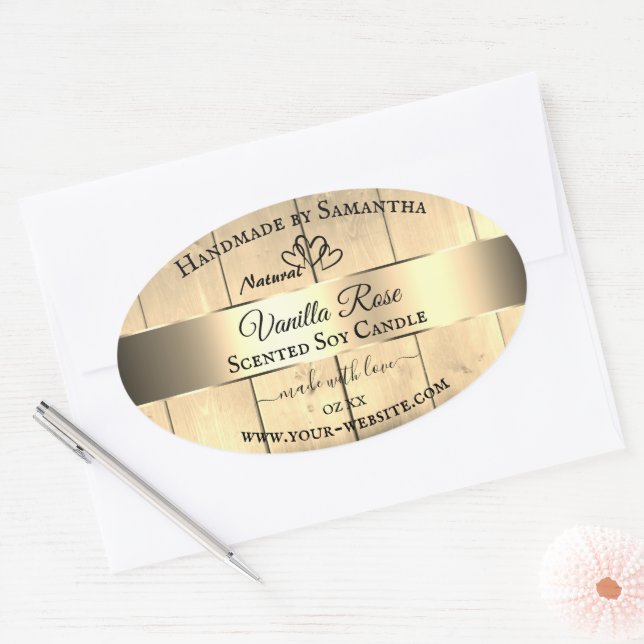 Gold Light Brown Wood Grain Product Labels Herz Ovaler Aufkleber (Umschlag)