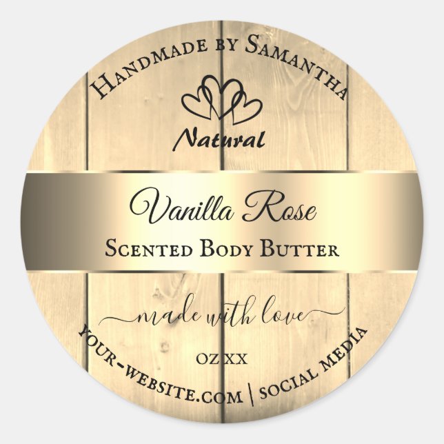 Gold Light Brown Wood Grain Product Labels Herz Runder Aufkleber (Vorderseite)