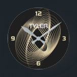 Gold Light Spiral, Gold Zahlen, DJ Name in Weiß Runde Wanduhr<br><div class="desc">Gold Light Spiral und Gold Zahlen mit DIY Name in weißem Text mit nur 4 Stunden Markierungen.</div>