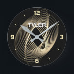 Gold Light Spiral on Black, DIY Name in White Runde Wanduhr<br><div class="desc">Gold Light Spiral on black background with Name in white text and all hour markings in gold.</div>
