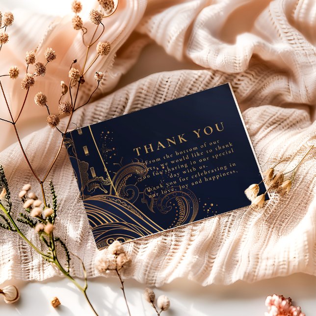 Gold Lighthouse Night Wedding Dankeskarte (Von Creator hochgeladen)