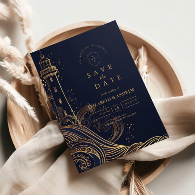 Gold Lighthouse Night Wedding Save The Date (Von Creator hochgeladen)