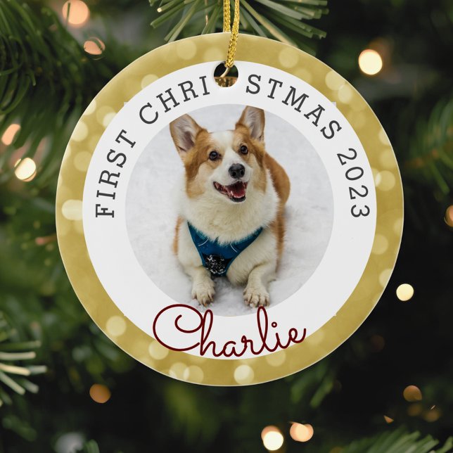 Gold Lights Pet's First Christmas Foto Keramik Ornament (Von Creator hochgeladen)