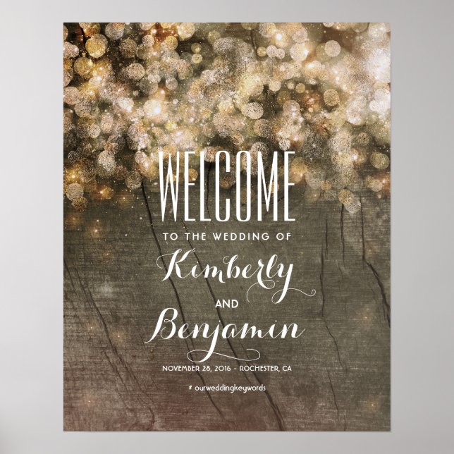 Gold Lights Rustic Country Wedding Willkommenszeic Poster (Vorne)