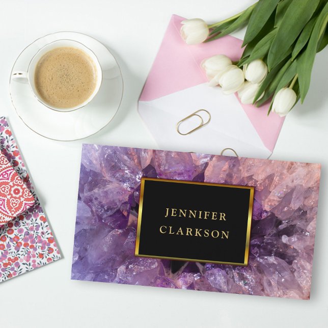 Gold lila Amethyststein-Gode-Mineral. Visitenkarte (Purple amethyst black gold elegant chic professional business card.)