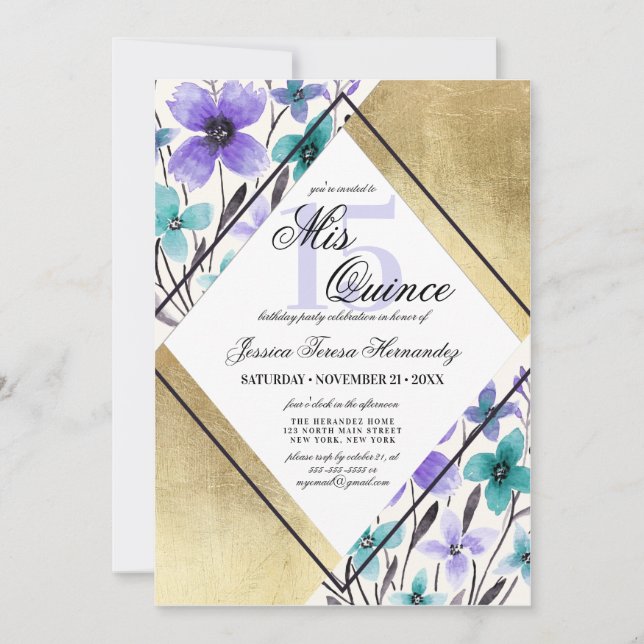 Gold Lila Aquamarine Blume Wasserfarbe Mis Quince Einladung (Vorderseite)
