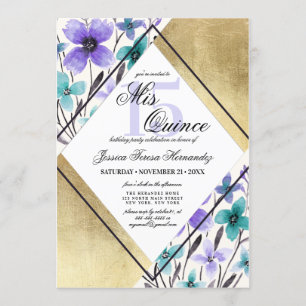 Gold Lila Aquamarine Blume Wasserfarbe Mis Quince Einladung