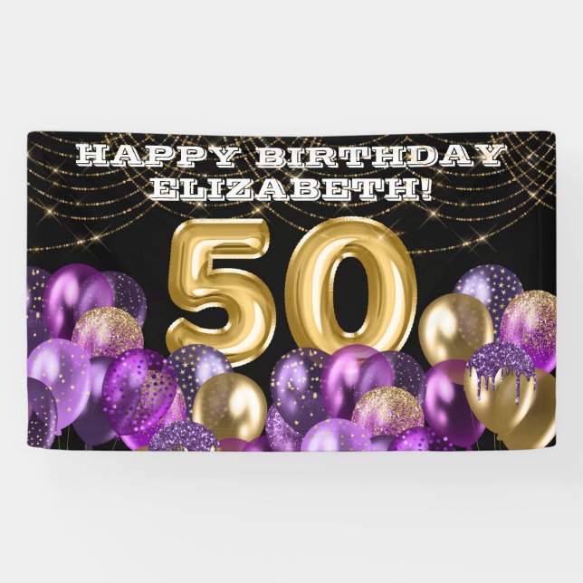 Gold Lila Balloons 50th Happy Birthday Banner (Horizontal)