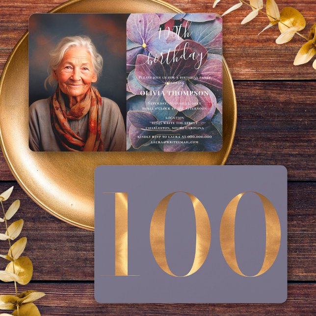 Gold Lila Blue Hydrangeas 100. Geburtstag Foto Einladung (Front / Back)