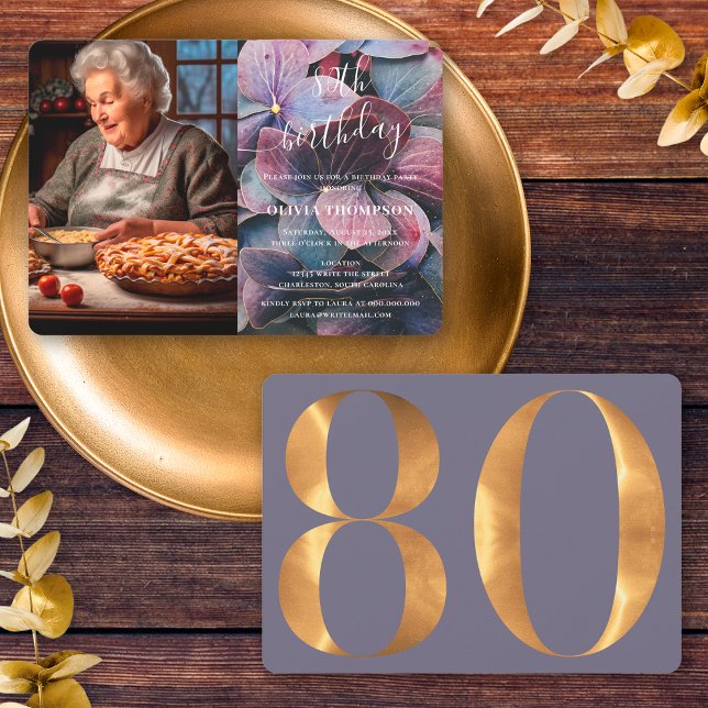 Gold Lila Blue Hydrangeas 80. Geburtstag Foto Einladung (Front / Back)