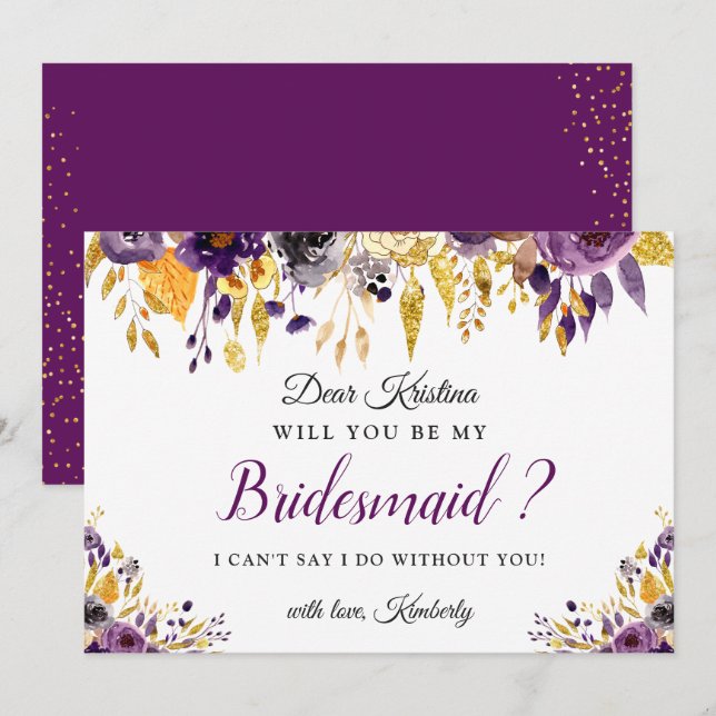 Gold Lila Blume wird meine Bridesmaid sein Einladung (Vorne/Hinten)