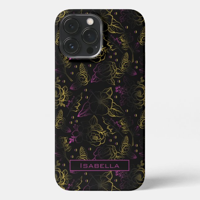 Gold lila Blumenmuster personalisierter Name iPhone 13 Pro Max Hülle (Rückseite)