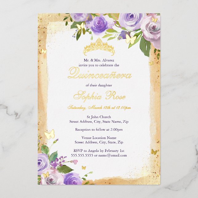 Gold Lila Butterfly Rose Blumenkohl Folieneinladung (Vorderseite)