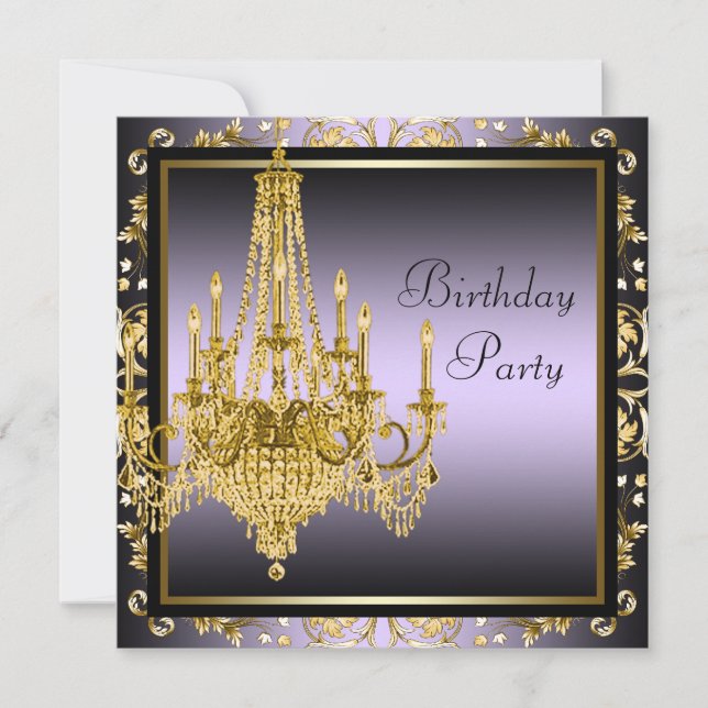 Gold Lila Chandelier Birthday Party Einladung (Vorderseite)