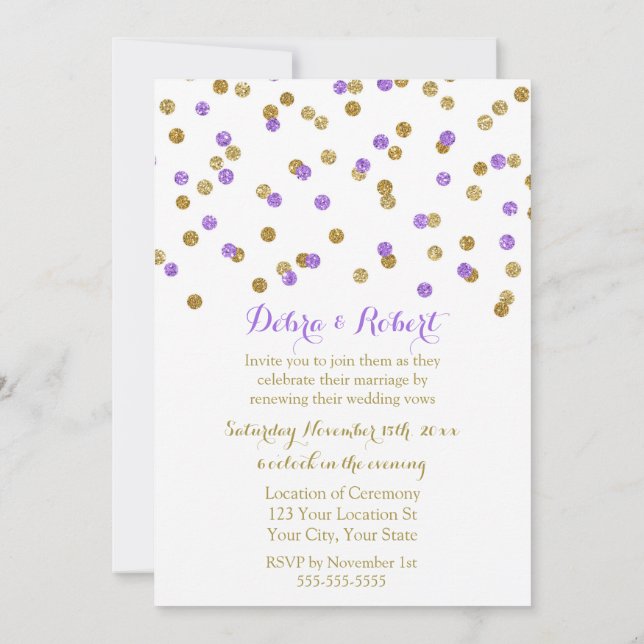 Gold Lila Confetti Vow Renewal Einladung (Rückseite)