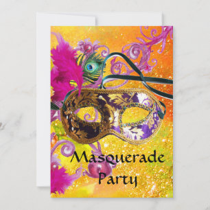 GOLD LILA DAMASK FEATHER MASK Masquerade Party Einladung