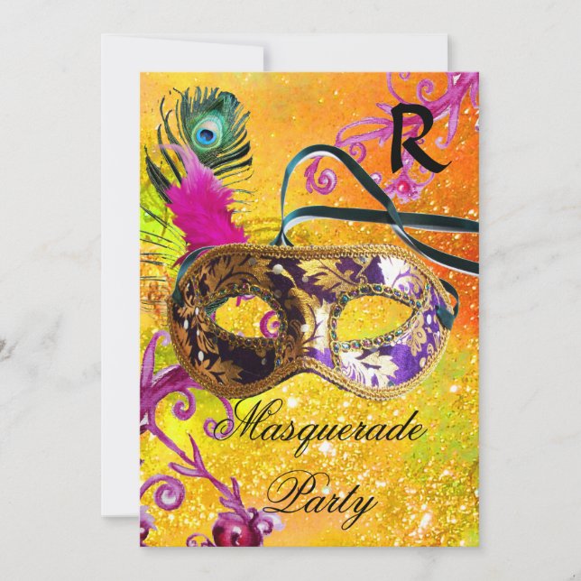 GOLD LILA DAMASK FEATHER MASK Masquerade Party Einladung (Vorderseite)
