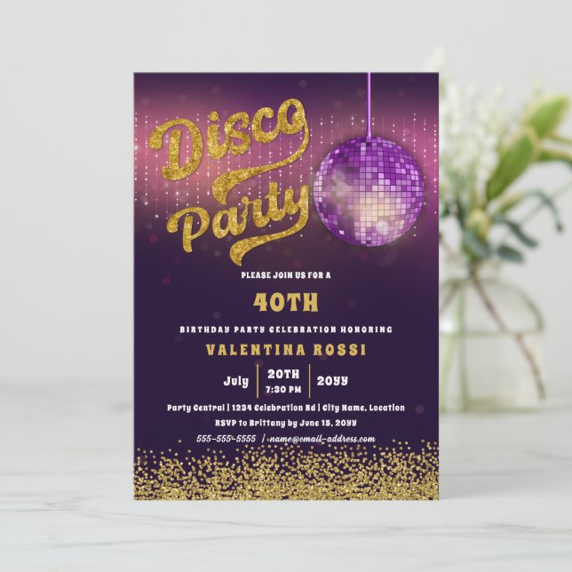 Gold Lila Disco Party Geburtstag Einladung (Stehend Vorderseite)