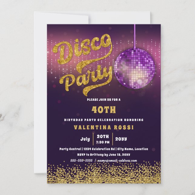 Gold Lila Disco Party Geburtstag Einladung (Vorderseite)